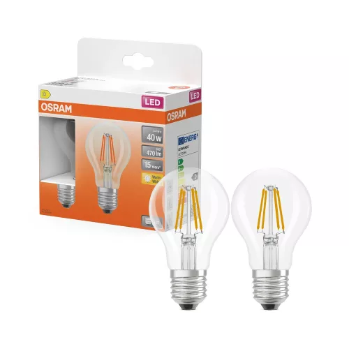 OSRAM Star LED izzó, classic forma, üveg búra, E27 foglalat, 3,4W, 470lm, 2700K meleg fehér 2db