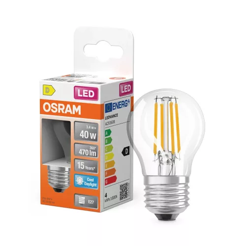 OSRAM Star LED kisgömb izzó, átlátszó üveg búra, E27 foglalat, 3,4W, 470lm, 6500K hideg fehér fény