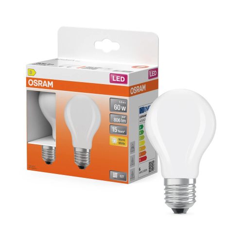 OSRAM Star LED classic izzó, matt plasztik búra, E27 foglalat, 5,9W, 806lm, 2700K meleg fehér, 2db