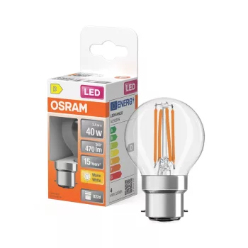 OSRAM Star LED izzó kisgömb forma, átlátszó üveg búra, B22d foglalat, 3,4W, 470lm, 2700K meleg fehér