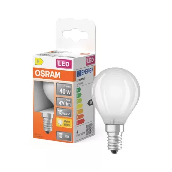 OSRAM Star LED izzó kisgömb forma, matt plasztik búra, E14 foglalat, 3,4W, 470lm, 2700K meleg fehér