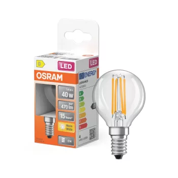 OSRAM Star LED izzó kisgömb forma, átlátszó üveg búra, E14 foglalat, 3,4W, 470lm, 2700K meleg fehér
