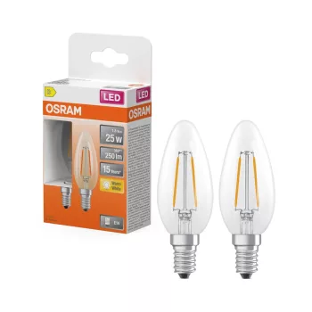 OSRAM Star LED gyertya izzó, átlátszó üveg búra, E14 foglalat, 1,8W, 250lm, 2700K, meleg fehér 2db