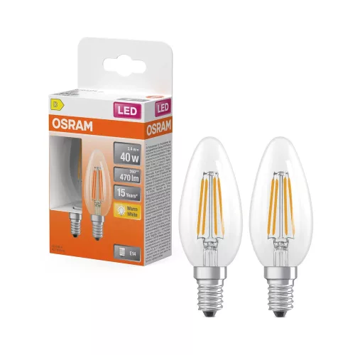 OSRAM Star LED gyertya izzó, átlátszó üveg búra, E14 foglalat, 3,4W, 470lm, 2700K, meleg fehér 2db