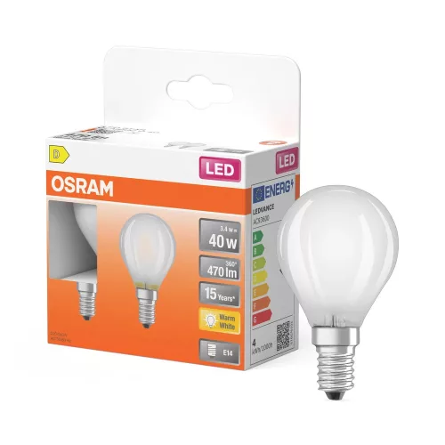 OSRAM Star LED izzó kisgömb forma, matt búra, E14 foglalat, 3,4W, 470lm, 2700K meleg fehér 2db