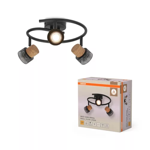 OSRAM Cork mennyezeti / fali állítható dimmelhető spot lámpa 3 fejes, beltéri, fekete, GU10, acél és parafa, IP20, hossz: 318 mm, dimmelhető ( 4099854470653 )