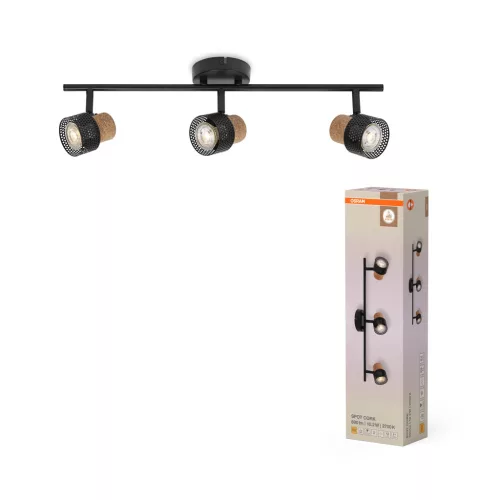 OSRAM Cork mennyezeti / fali állítható dimmelhető spot lámpa 3 fejes, beltéri, fekete, GU10, acél és parafa, IP20, hossz: 577 mm, dimmelhető ( 4099854470677 )