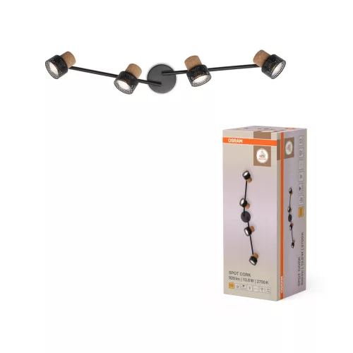 OSRAM Cork mennyezeti / fali állítható dimmelhető spot lámpa 4 fejes, beltéri, fekete, GU10, acél és parafa, IP20, hossz: 813 mm, dimmelhető ( 4099854470691 )