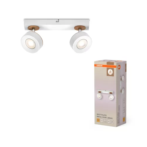 OSRAM Dekor Pluto mennyezeti LED spot lámpa 2 fejes, beltéri, fehér, 615 lm, 9,6 W, 3000 K, acél és fa, IP20, hossz: 298 mm ( 4099854470899 )