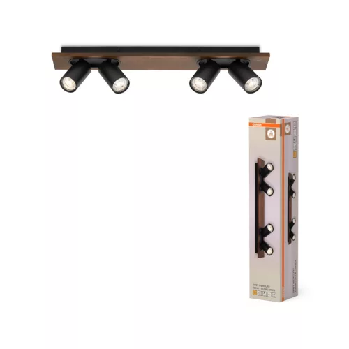 OSRAM Decor Mercury mennyezeti / fali állítható dimmelhető spot lámpa 4 fejes, beltéri, fekete és fa dekor, 4 × GU10, acél és fa, IP20, hossz: 600 mm, dimmelhető ( 4099854471155 )