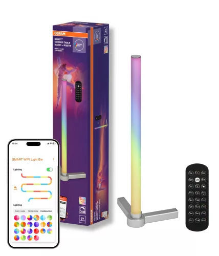 OSRAM SMART+ WIFI sarok LED asztali lámpa Magic távirányítóval, RGB és 2700–6500 K, beltéri, ezüst, 500 lm, 7,5 W, alumínium, IP20, magasság: 425 mm, dimmelhető ( 4099854471810 )
