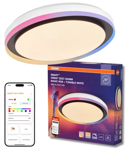OSRAM Smart+ Orbis Zest kerek RGB LED mennyezeti lámpa, beltéri, fekete, 1050 lm, 38 W, 2700–6500 K, acél, IP20, átmérő: 490 mm, magasság: 100 mm, dimmelhető ( 4099854472350 )