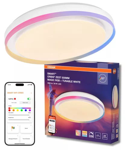 OSRAM Smart+ Orbis Zest kerek RGB LED mennyezeti lámpa, beltéri, fehér, 1050 lm, 38 W, 2700–6500 K, acél, IP20, átmérő: 490 mm, magasság: 100 mm, dimmelhető ( 4099854472374 )