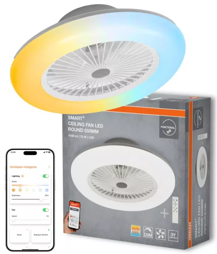 OSRAM SMART+ WIFI kerek LED mennyezeti ventilátoros lámpa távirányítóval, beltéri, fehér, 3000 lm, 75 W, 3000–6500 K, fém, IP20, átmérő: 602 mm, dimmelhető ( 4099854472824 )