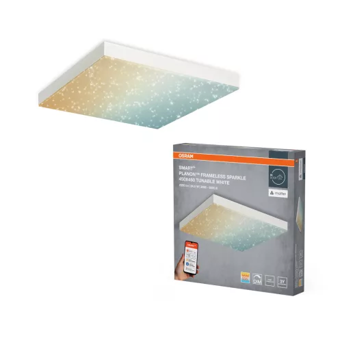 OSRAM SMART+ MATTER Planon csillámló keret nélküli LED panel, beltéri, fehér, 1300 lm, 24,5 W, 3000–6500 K, acél, IP20, méret: 450 × 450 mm, dimmelhető ( 4099854473487 )