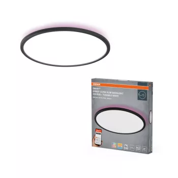   OSRAM Smart+ Orbis kerek LED oldalfali lámpa RGB és állítható színhőmérséklet, beltéri, fekete, 1870 lm, 25 W, 2700–6500 K, műanyag, IP20, átmérő: 400 mm, magasság: 27 mm, UGR < 25, dimmelhető ( 4099854473708 )