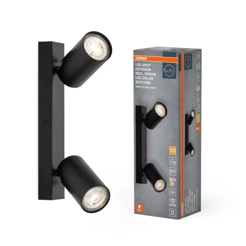 OSRAM Octagon mennyezeti / fali állítható dimmelhető spot lámpa 2 fejes, beltéri, fekete, GU10, acél, IP20, hossz: 260 mm, dimmelhető ( 4099854474026 )