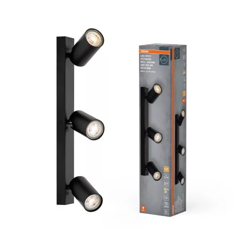 OSRAM Octagon mennyezeti / fali állítható dimmelhető spot lámpa 3 fejes, beltéri, fekete, GU10, acél, IP20, hossz: 430 mm, dimmelhető ( 4099854474040 )