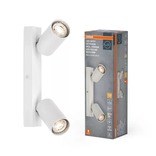 OSRAM Octagon mennyezeti / fali állítható dimmelhető spot lámpa 2 fejes, beltéri, fehér, GU10, acél, IP20, hossz: 260 mm, dimmelhető ( 4099854474132 )
