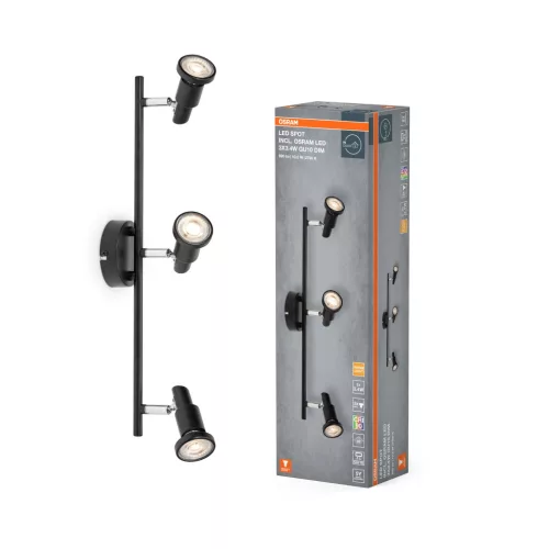 OSRAM mennyezeti / fali állítható dimmelhető LED spot lámpa 3 fejes, beltéri, fekete, 690 lm, 10,2 W, 2700 K, acél, IP20, hossz: 486 mm, dimmelhető ( 4099854474439 )