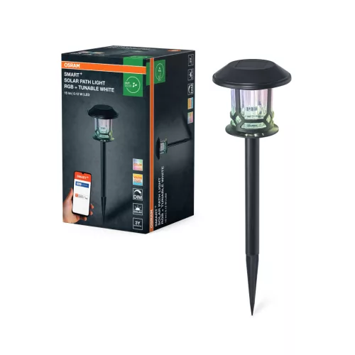 OSRAM SMART+ Bluetooth napelemes kerti útvilágító RGB és 3000–6500 K, kültéri, sötétszürke, 5 lm, 0,12 W, üveg és alumínium, IP44, magasság: 348 mm, dimmelhető ( 4099854474453 )
