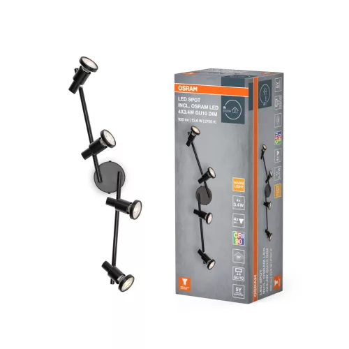 OSRAM mennyezeti / fali állítható dimmelhető LED spot lámpa 4 fejes, beltéri, fekete, 920 lm, 13,6 W, 2700 K, acél, IP20, hossz: 684 mm, dimmelhető ( 4099854474491 )