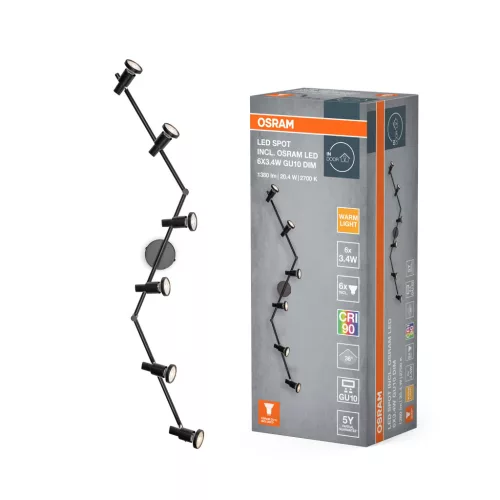 OSRAM mennyezeti / fali állítható dimmelhető LED spot lámpa 6 fejes, beltéri, fekete, 1380 lm, 20,4 W, 2700 K, acél, IP20, hossz: 1198 mm, dimmelhető ( 4099854474514 )