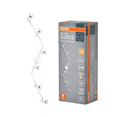 OSRAM mennyezeti / fali állítható dimmelhető LED spot lámpa 6 fejes, beltéri, fehér, 1380 lm, 20,4 W, 2700 K, acél, IP20, hossz: 1198 mm, dimmelhető ( 4099854474613 )