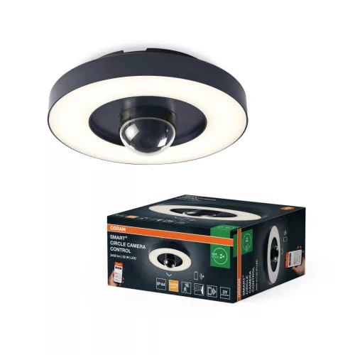 OSRAM SMART+ WIFI kültéri kerek biztonsági kamera fényszóróval, kültéri, fekete, 1600 lm, 22 W, 3000 K, alumínium, IP44, hossz: 145 mm, dimmelhető ( 4099854474811 )