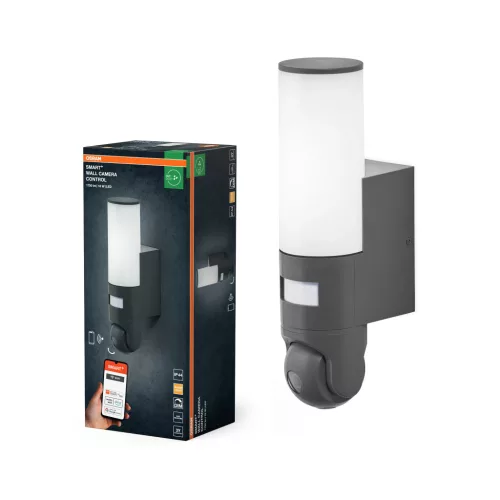 OSRAM SMART+ WIFI kültéri biztonsági kamerás LED fali lámpa hangszóróval, mozgásérzékelővel, kültéri, sötétszürke, 900 lm, 16 W, 3000 K, műanyag, IP44, hossz: 280 mm, magasság: 112 mm, dimmelhető ( 4099854474972 )