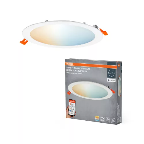 OSRAM SMART+ MATTER keskeny beépíthető LED downlight, beltéri, fehér, 2000 lm, 22 W, 3000–6500 K, műanyag, IP20, átmérő: 225 mm, dimmelhető ( 4099854475351 )