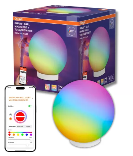 OSRAM SMART+ WIFI Magic gömb asztali hangulatlámpa USB, RGBW, beltéri, fehér, 200 lm, 3,5 W, 2200–6500 K, (PC) és ABS, IP20, magasság: 200 mm, dimmelhető ( 4099854475801 )