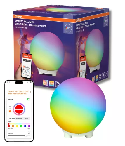 OSRAM SMART+ WIFI Magic gömb asztali hangulatlámpa Mini USB, RGBW, beltéri, fehér, 130 lm, 2,5 W, 2200–6500 K, (PC) és ABS, IP20, magasság: 130 mm, dimmelhető ( 4099854475825 )