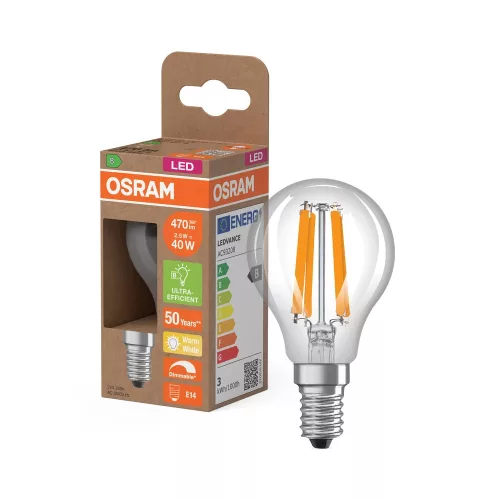 OSRAM Superstar+ dimmelhető LED kisgömb izzó, átlátszó üveg, E14 foglalat, 2,5W, 2700K, 470lm