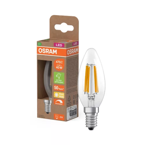 OSRAM Superstar+ dimmelhető LED izzó gyertya forma, üveg búra, E14, 2,5W, 470lm, 2700K meleg fehér