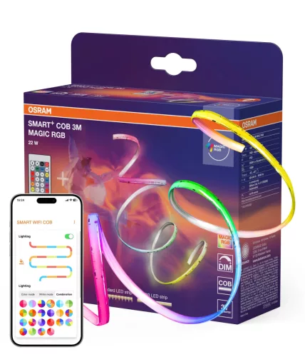 OSRAM SMART+ WIFI dekoratív COB LED szalag távirányítóval, Magic RGB és homogén fényhatás, beltéri, fehér, 22 W, szilikon, IP20, hossz: 3000 mm, dimmelhető ( 4099854478390 )