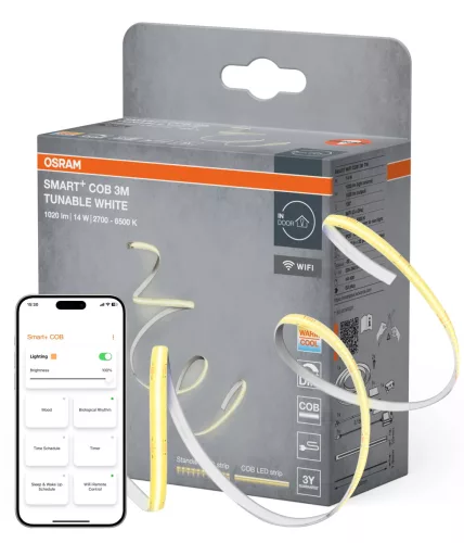 OSRAM SMART+ WIFI COB LED szalag távirányítóval, beltéri, sárga, 1020 lm, 14 W, 2700–6500 K, szilikon, IP20, hossz: 3000 mm, dimmelhető ( 4099854478413 )
