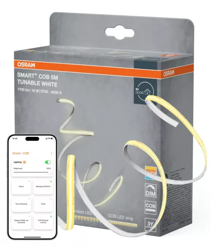 OSRAM SMART+ WIFI COB LED szalag távirányítóval, beltéri, sárga, 1700 lm, 18 W, 2700–6500 K, szilikon, IP20, hossz: 5000 mm, dimmelhető ( 4099854478475 )