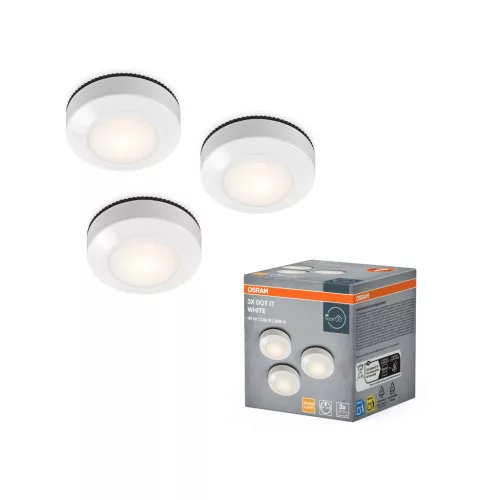 OSRAM DOT-IT érintéses kompakt LED lámpa elemes, öntapadó, beltéri, fehér, 40 lm, 0,68 W, 3000 K, (PC), IP20, hossz: 25,7 mm, magasság: 69 mm, 3 db-os szett ( 4099854479274 )