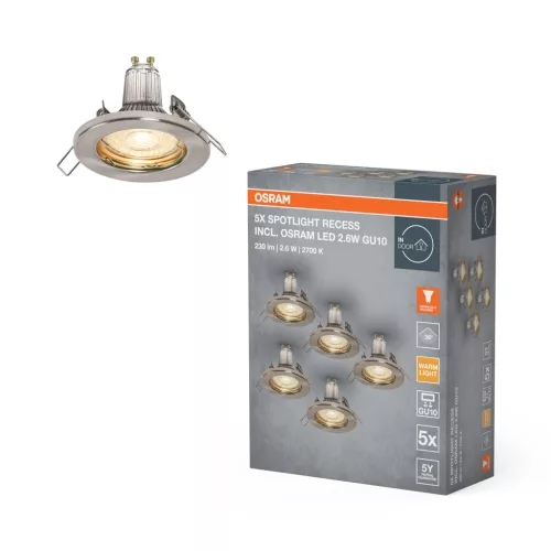 OSRAM beépíthető fém spot lámpa, beltéri, csiszolt nikkel, GU10, acél, IP20, átmérő: 80 mm, 5 db-os szett ( 4099854482762 )