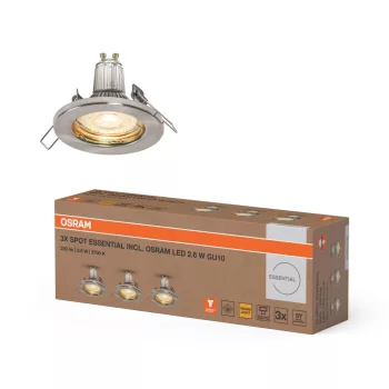   OSRAM beépíthető GU10 LED spot lámpa, beltéri / fedett kültéri, csiszolt nikkel, 230 lm, 2,6 W, 2700 K, acél, IP44, hossz: 95 mm, magasság: 80 mm, 3 db-os szett ( 4099854482809 )