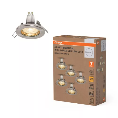 OSRAM beépíthető GU10 LED spot lámpa, beltéri / fedett kültéri, csiszolt nikkel, 230 lm, 2,6 W, 2700 K, acél, IP44, hossz: 95 mm, magasság: 80 mm, 5 db-os szett ( 4099854482892 )