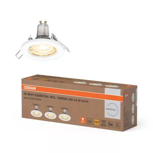 OSRAM beépíthető GU10 LED spot lámpa, beltéri / fedett kültéri, fehér, 230 lm, 2,6 W, 2700 K, acél, IP44, hossz: 95 mm, magasság: 80 mm, 3 db-os szett ( 4099854482977 )