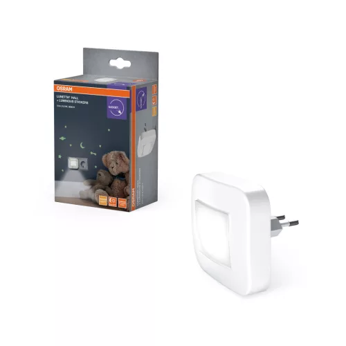 OSRAM LUNETTA® Hall konnektoros éjszakai lámpa dönthető fényiránnyal, világító matricákkal, beltéri, fehér, 3 lm, 0,2 W, 3000 K, (PC), IP20, hossz: 73 mm ( 4099854497476 )