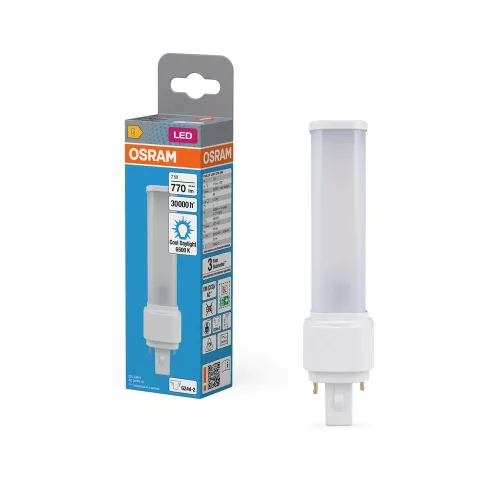 OSRAM Dulux D kompakt fénycső, matt plasztik búra, G24d foglalat, 7W, 6500K, 770lm, hideg fehér