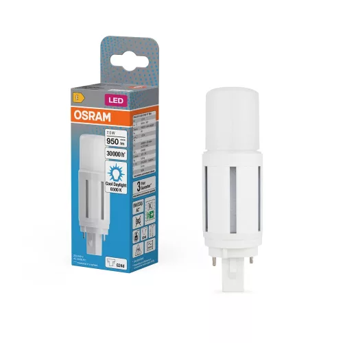 OSRAM Dulux D VT LED kompakt fénycső, matt búra, G24d, 7,5W, 950lm, 6500K hideg fehér, 124mm