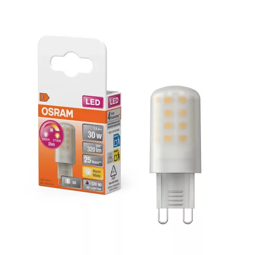 OSRAM dimmelhető LED kapszula izzó, matt plasztik, G9 foglalat, 3,2W, 1800K, 320lm, meleg fehér