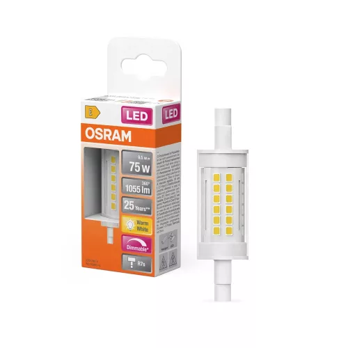 OSRAM LED ceruza izzó, átlátszó üveg búra, R7s foglalat, 9,5W, 2700K, 1055lm, meleg fehér