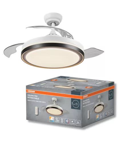 OSRAM Behúzható lapátos LED mennyezeti ventilátoros lámpa, beltéri, fehér, 4200 lm, 66 W, 3000–4000–6500 K, acél és műanyag, IP20, hossz: 385 mm, magasság: 490 mm, dimmelhető ( 4099854506789 )
