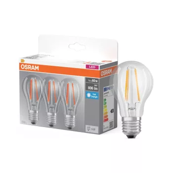 OSRAM Base LED classic izzó, átlátszó üveg búra, E27 foglalat, 7W, 806lm, 6500K hideg fehér, 3db